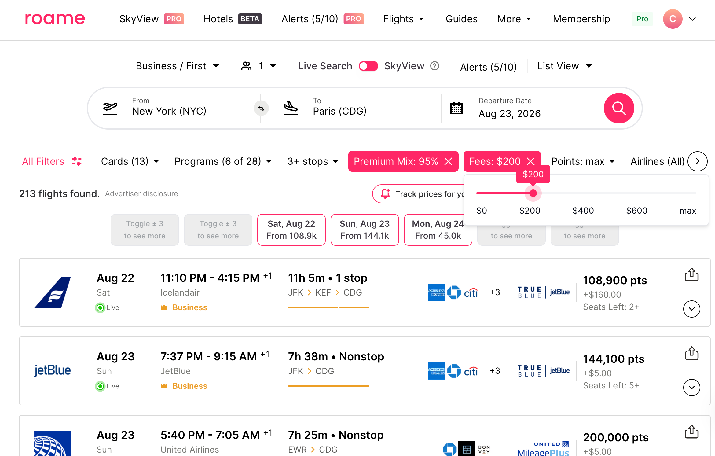 Search results with a maximum in taxes and fees set. 